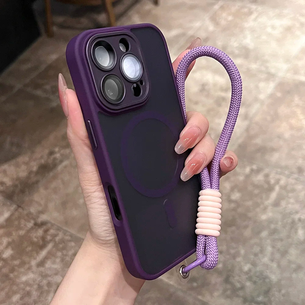 Clear Matte Magnetic Case For IPhone 16 14 13 Mini 15 12 11 Pro Max Plus Lanyard Wrist Strap Magsafe Shockproof Bumper Cover