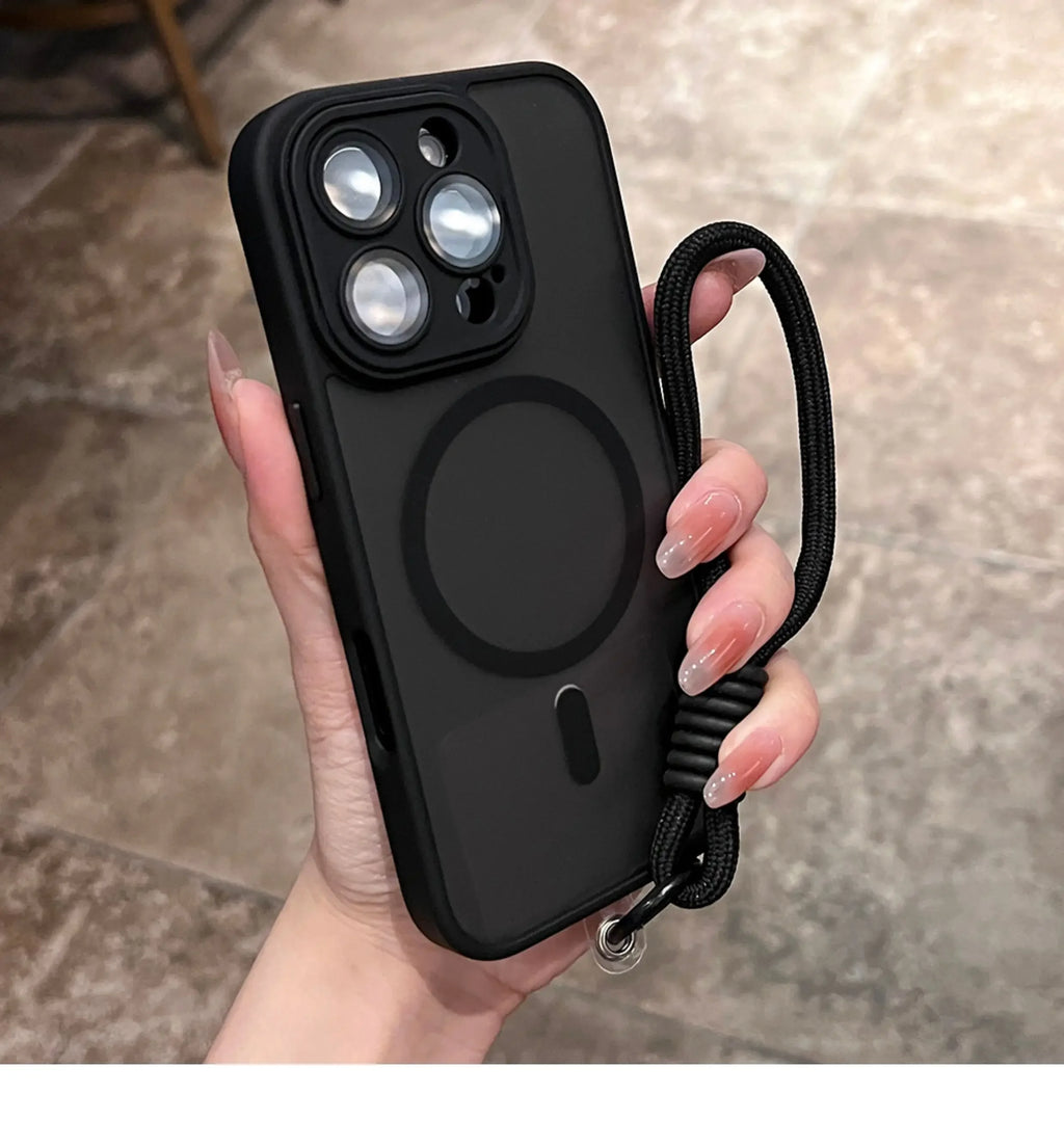Clear Matte Magnetic Case For IPhone 16 14 13 Mini 15 12 11 Pro Max Plus Lanyard Wrist Strap Magsafe Shockproof Bumper Cover