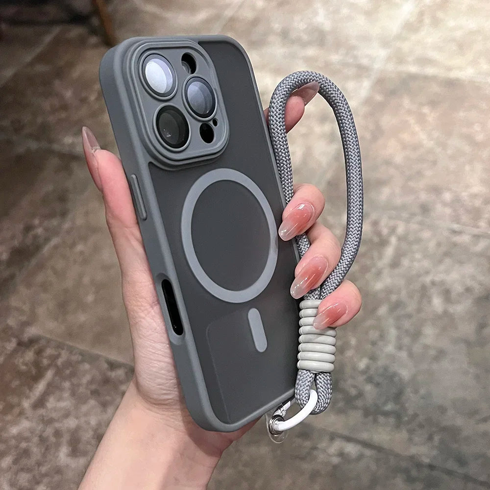 Clear Matte Magnetic Case For IPhone 16 14 13 Mini 15 12 11 Pro Max Plus Lanyard Wrist Strap Magsafe Shockproof Bumper Cover