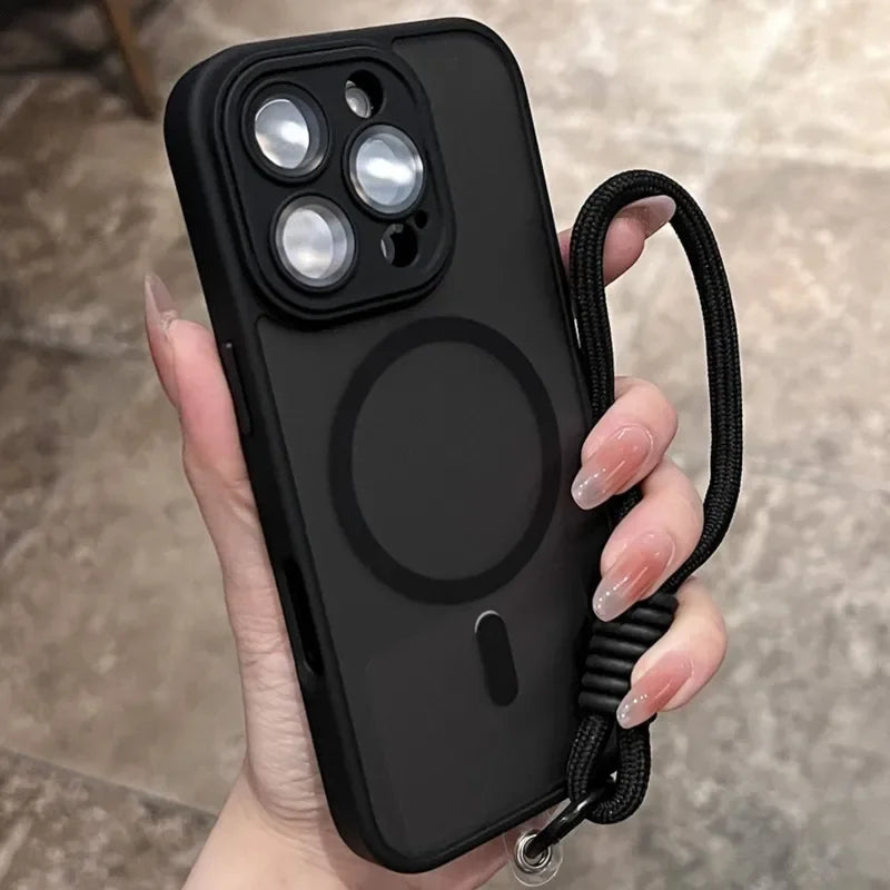 Clear Matte Magnetic Case For IPhone 16 14 13 Mini 15 12 11 Pro Max Plus Lanyard Wrist Strap Magsafe Shockproof Bumper Cover
